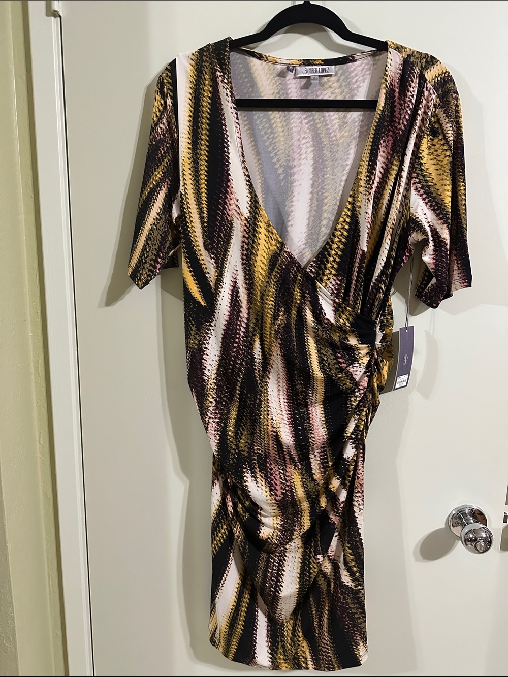 Jennifer Lopez Multi-Color Abstract Wrap Midi Dress - Gold, Black, Brown, Cream